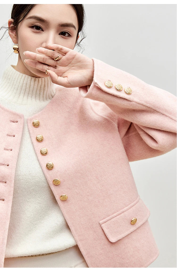Sentubila casaco de lã de luxo para mulheres 2024 inverno gola redonda reta único breasted roupas femininas de alta qualidade w44o56591