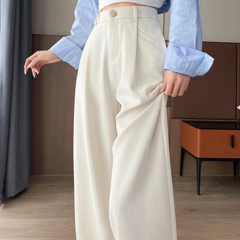 Seoulish-Calça de perna larga feminina, calça feminina elegante, monocromática, casual, solta, escritório, comprimento total, coreano, botão, Novo, Outono, 2022