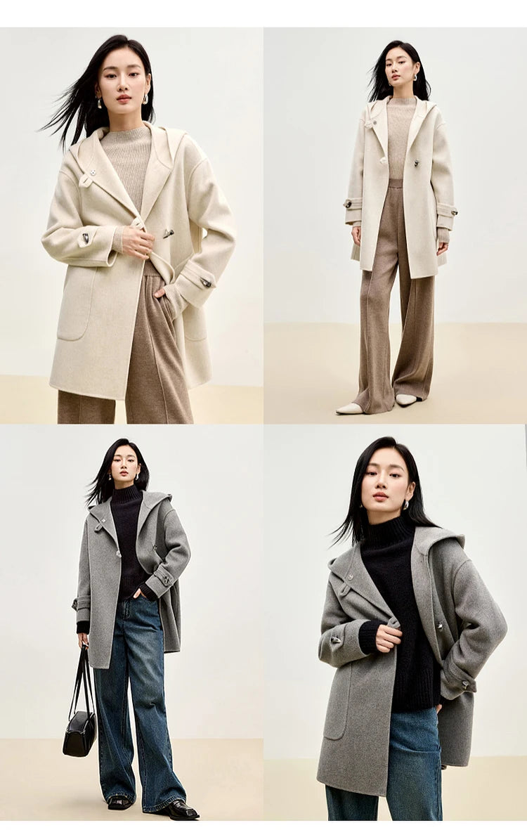 Sentubila dupla face 100% casaco de lã 2024 inverno comprimento médio reto touro chifre fivela feminino com capuz outwear w44o55979