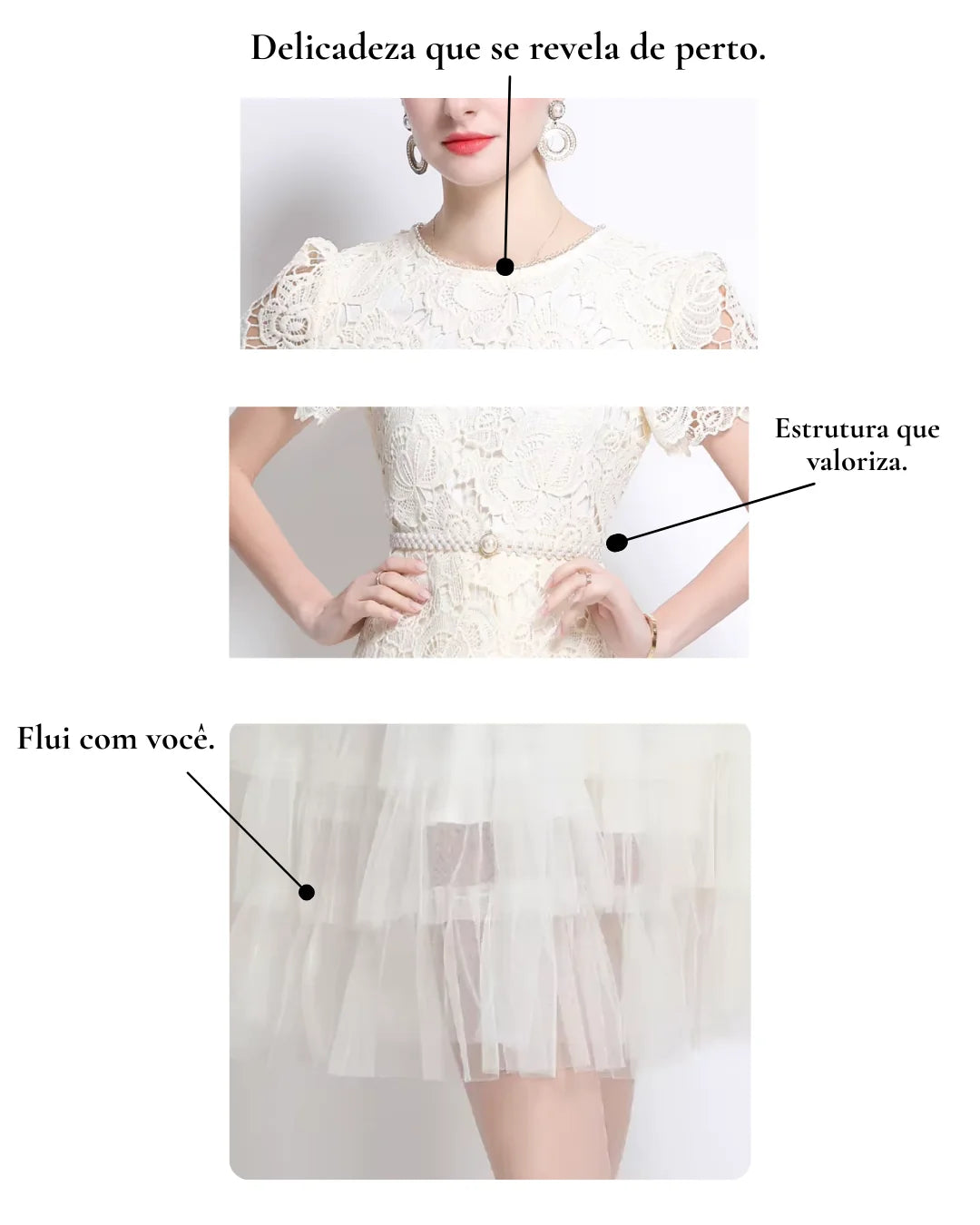 Vestido de Renda Feminino Élodie Pérola — Midi Elegante Bordado