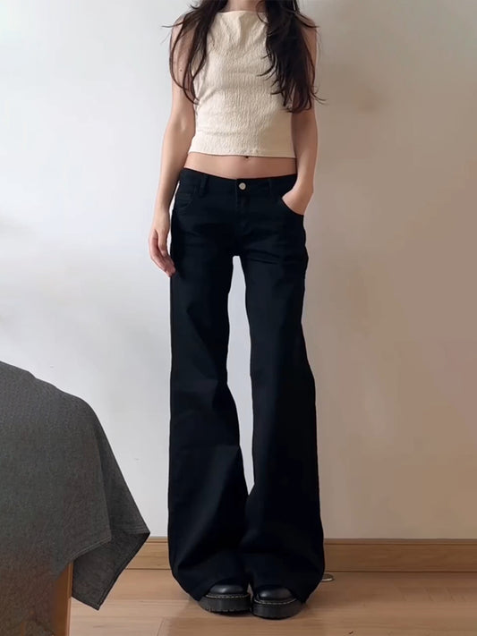 Calça Jeans Wide Leg Feminina Vintage – Cintura Alta, Estilo Retrô ( Preto )
