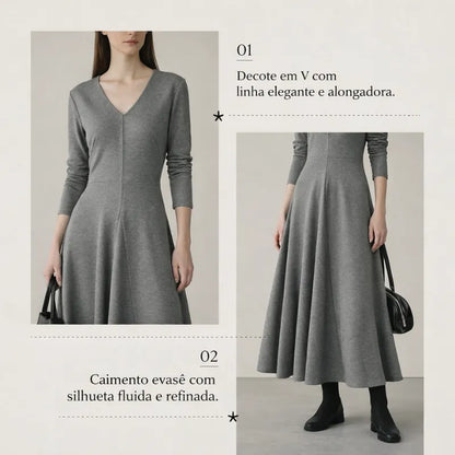 Vestido Midi Tricot Feminino Decote V Conforto Elegante Sophie