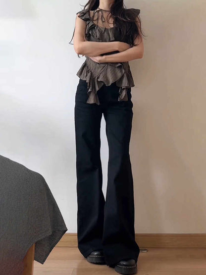 Calça Jeans Wide Leg Feminina Vintage – Cintura Alta, Estilo Retrô ( Preto )