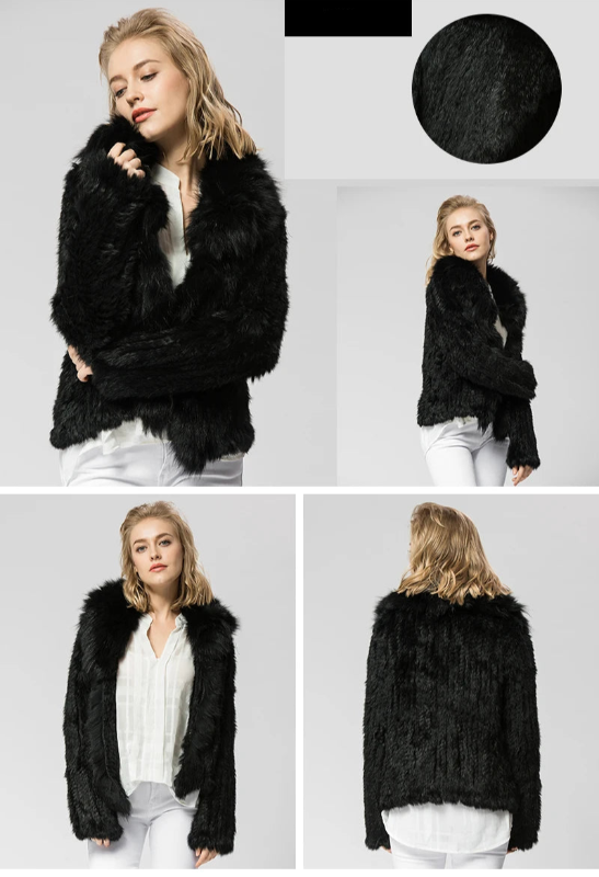 Casaco de Pele Genuína de Coelho com Gola de Raposa – Elegância Inverno - AlmaChic