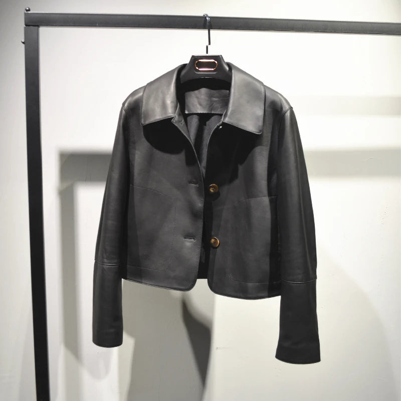 Casacos curtos de pele de carneiro feminino harajuku moda jassen dames fino jaqueta de couro legítimo gola quadrada na moda streetwear casaco