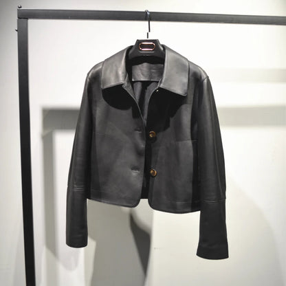 Casacos curtos de pele de carneiro feminino harajuku moda jassen dames fino jaqueta de couro legítimo gola quadrada na moda streetwear casaco