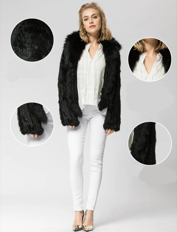 Casaco de Pele Genuína de Coelho com Gola de Raposa – Elegância Inverno - AlmaChic