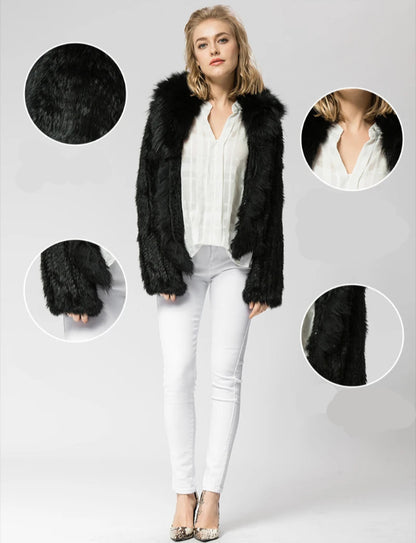 Casaco de Pele Genuína de Coelho com Gola de Raposa – Elegância Inverno - AlmaChic