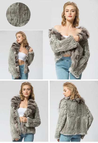 Casaco de Pele Genuína de Coelho com Gola de Raposa – Elegância Inverno - AlmaChic