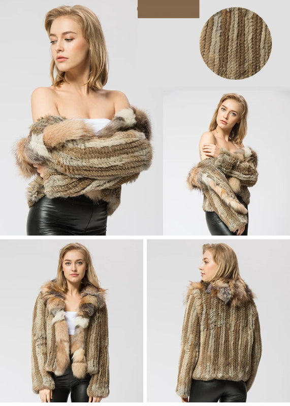 Casaco de Pele Genuína de Coelho com Gola de Raposa – Elegância Inverno - AlmaChic