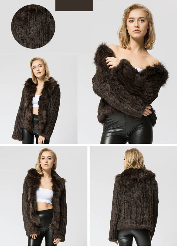 Casaco de Pele Genuína de Coelho com Gola de Raposa – Elegância Inverno - AlmaChic