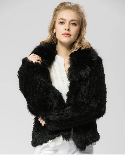 Casaco de Pele Genuína de Coelho com Gola de Raposa – Elegância Inverno - AlmaChic