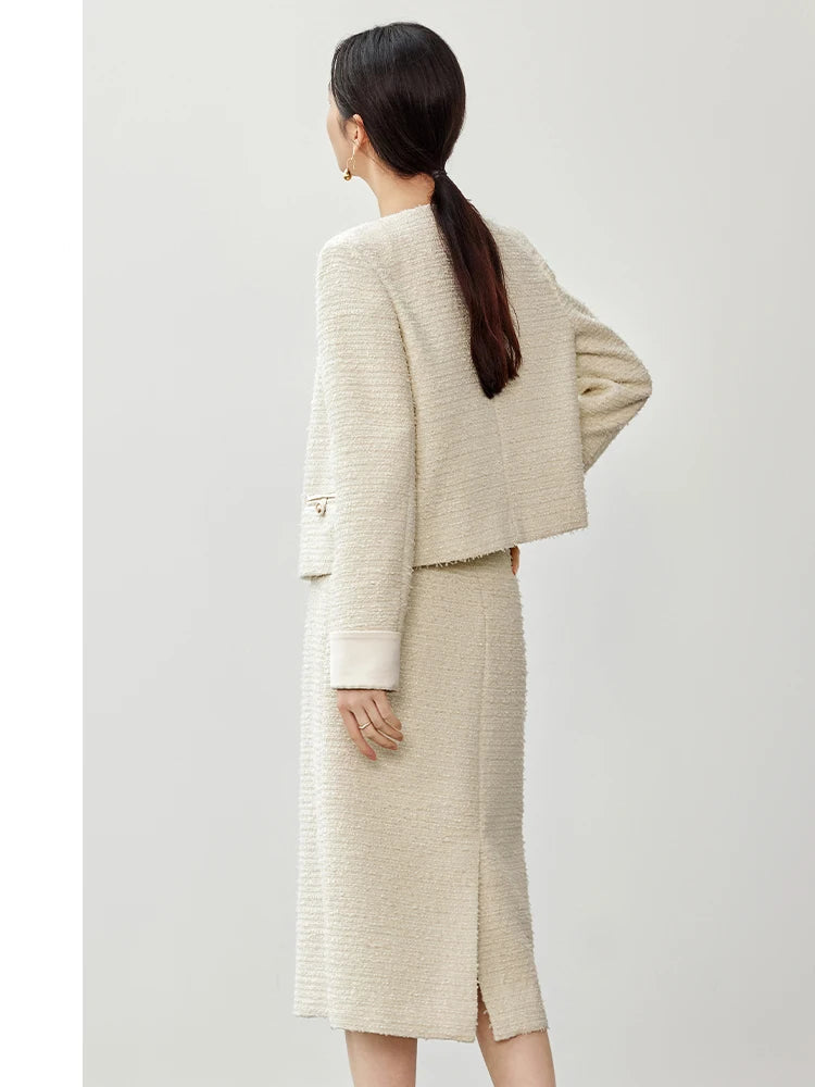 Sentubila conjunto de saia de tweed com textura feminina 2025 outono reto o pescoço jaquetas curtas fenda-hem saia longa conjuntos de 2 peças 143z56291