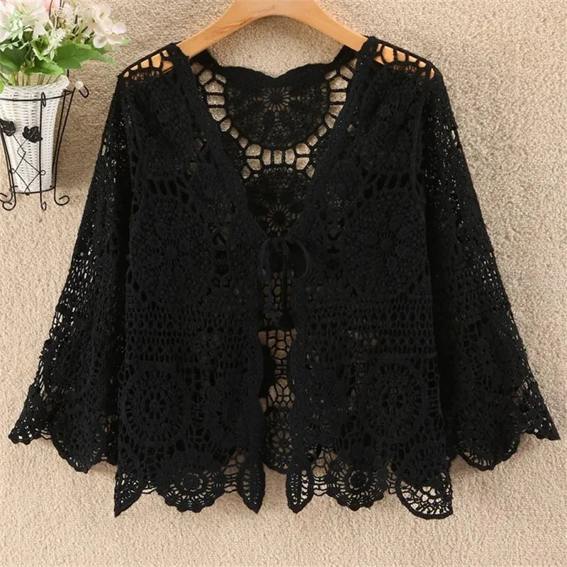 Knitted Cardigan Women Jacket Spring Summer New 2025 Hollow Shawl Short Sun-proof Tops Female Casual All-match Ladies Coat