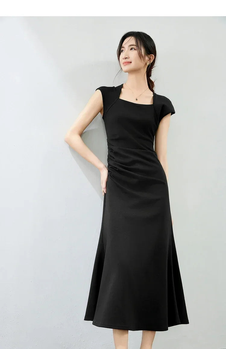 SENTUBILA, vestidos negros de verano 2025, vestido largo ajustado fruncido de manga corta de punto de algodón elegante para fiesta para mujer, ropa 142L54013