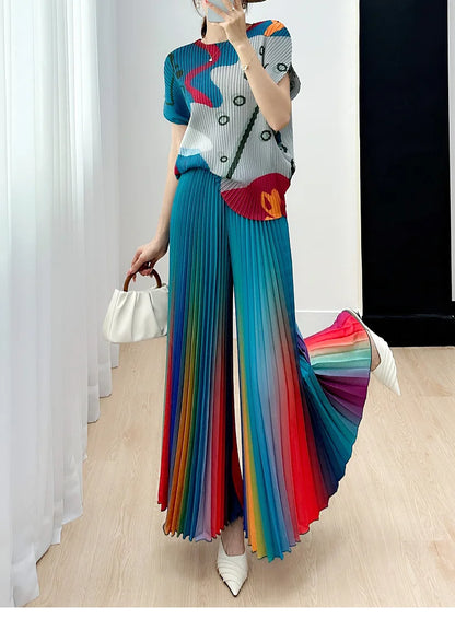 Primavera/Verão Novo Gradiente das mulheres Plissado Solto e Versátil Perna Larga Alargamento Calças Moda Outono Street Style Rainbow Calças