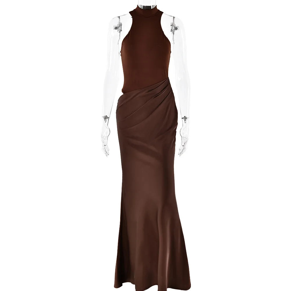 Vestido Maxi Elegante em Cetim com Recortes - AlmaChic