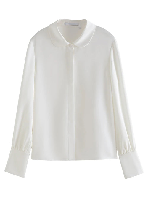 FSLE-Camisa de manga comprida Peter Pan Collar feminino, Chiffon Top, Branco Redutor de Idade, Camisas Femininas Versáteis, 24FS11104