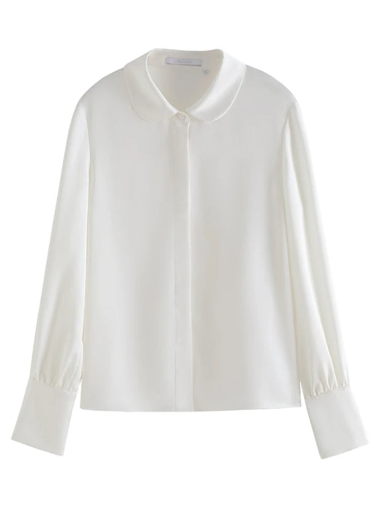 FSLE-Camisa de manga comprida Peter Pan Collar feminino, Chiffon Top, Branco Redutor de Idade, Camisas Femininas Versáteis, 24FS11104