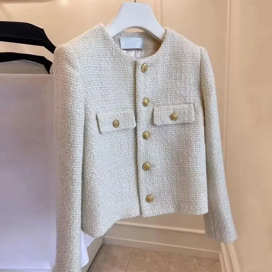 2025 lã tweed casaco moda high-end botão de ouro curto fino temperamento primavera e outono casacos coreanos jaqueta feminina