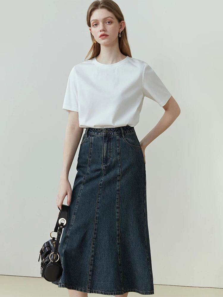 FSLE-camiseta feminina de manga curta, 100% algodão, gola redonda, blusa reta, branca e preta, nova para primavera e verão, 2023