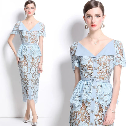 Vestido de Renda Feminino Helena Peplum – Cintura Império e Acabamento Bordado