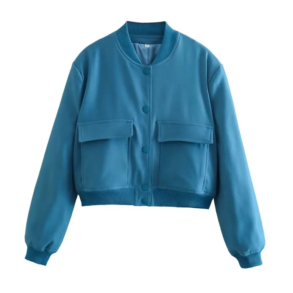 Trza moda feminina com bolsos jaqueta bomber casacos vintage manga longa botão frontal casual feminino outerwear chiques topos