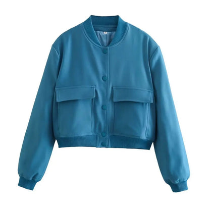 Trza moda feminina com bolsos jaqueta bomber casacos vintage manga longa botão frontal casual feminino outerwear chiques topos