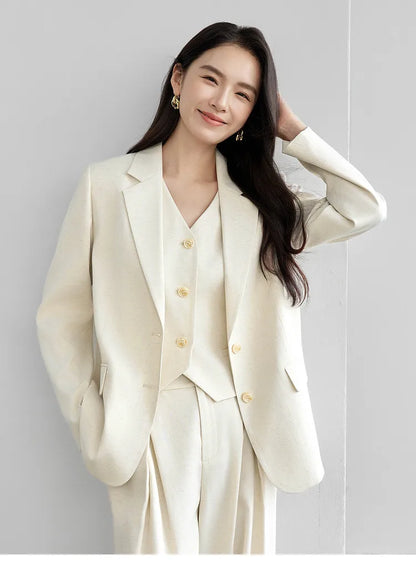 Sentubila blazers de linho reto para mulher 2025 primavera sólida senhora do escritório workwear entalhado único breasted outerwear 151x58179