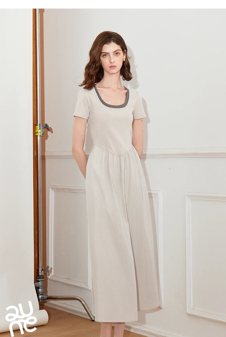 Toyoutth vestido feminino 2025 primavera novo falso duas peças cintura fina cor contrastante emenda u pescoço manga curta saia de comprimento médio