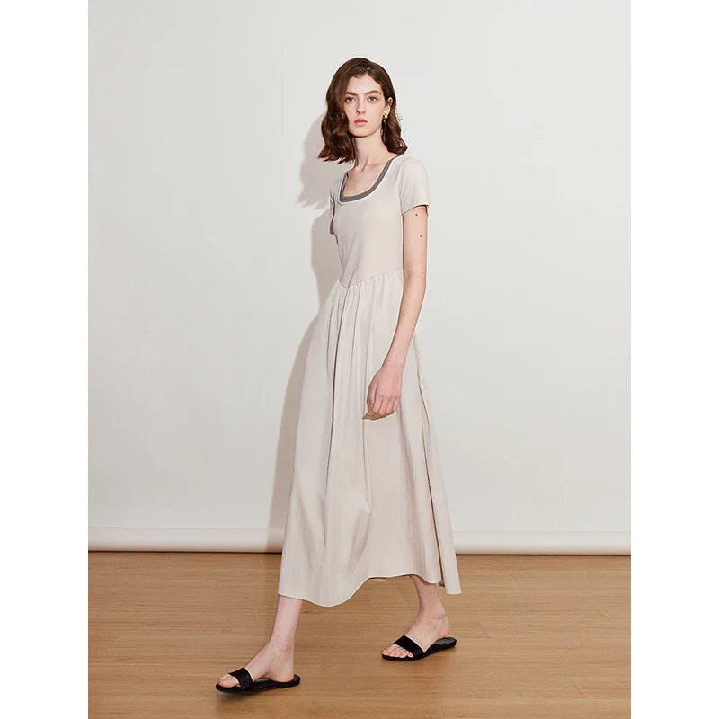 Toyoutth vestido feminino 2025 primavera novo falso duas peças cintura fina cor contrastante emenda u pescoço manga curta saia de comprimento médio