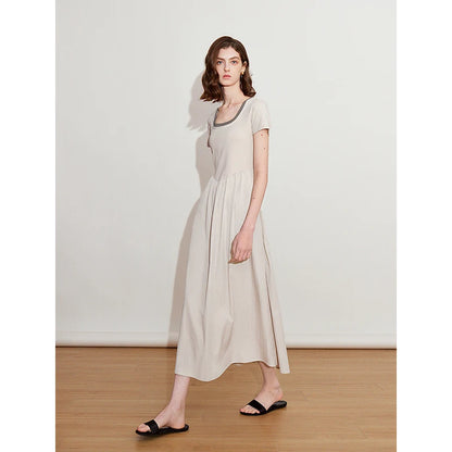 Toyoutth vestido feminino 2025 primavera novo falso duas peças cintura fina cor contrastante emenda u pescoço manga curta saia de comprimento médio