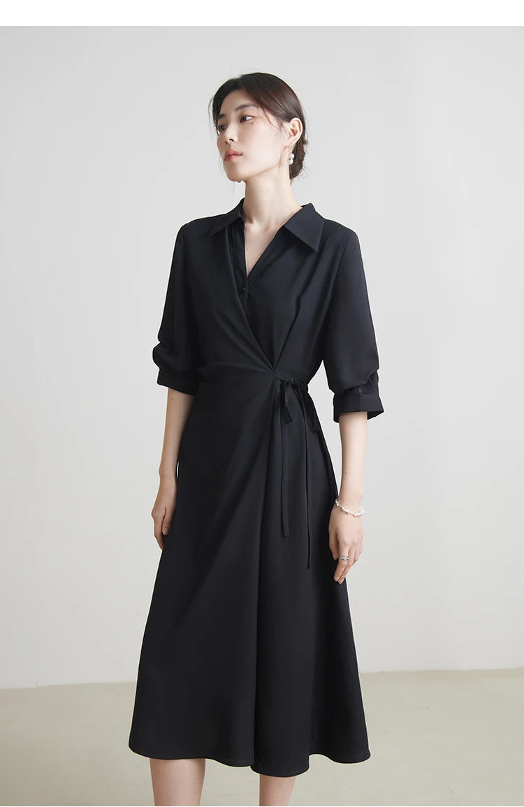 DUSHU-Vestido com design de envoltório feminino, gola virada para baixo, cortina temperamental, meia manga, preto, longa A-line, verão, 2 cores, 24DS82102