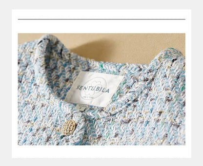 Sentubila recortado tweed jaqueta para mulher 2024 outono elegante moda outerwear o-pescoço casacos curtos roupas femininas 143w56772x