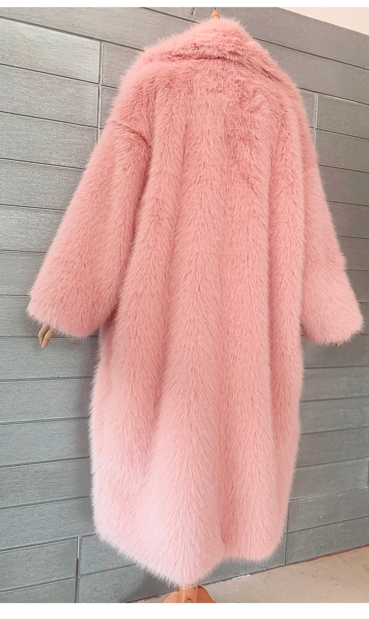 Lautaro inverno longo oversized rosa grosso quente macio desgrenhado fofo casaco de pele do falso feminino bolsos lapela solto doce bonito moda 2022