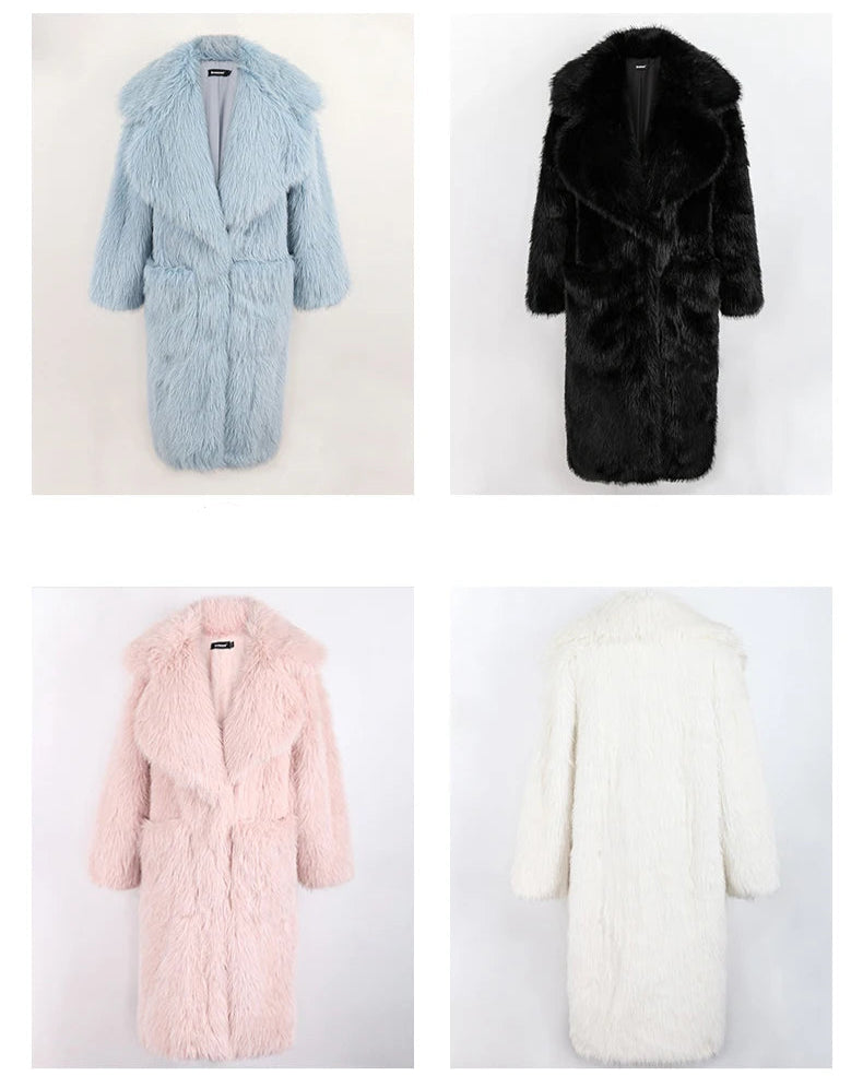 Lautaro inverno longo oversized rosa grosso quente macio desgrenhado fofo casaco de pele do falso feminino bolsos lapela solto doce bonito moda 2022