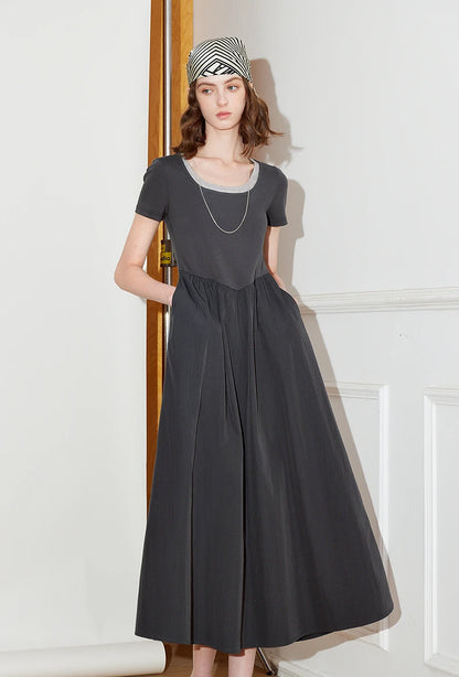 Toyoutth vestido feminino 2025 primavera novo falso duas peças cintura fina cor contrastante emenda u pescoço manga curta saia de comprimento médio