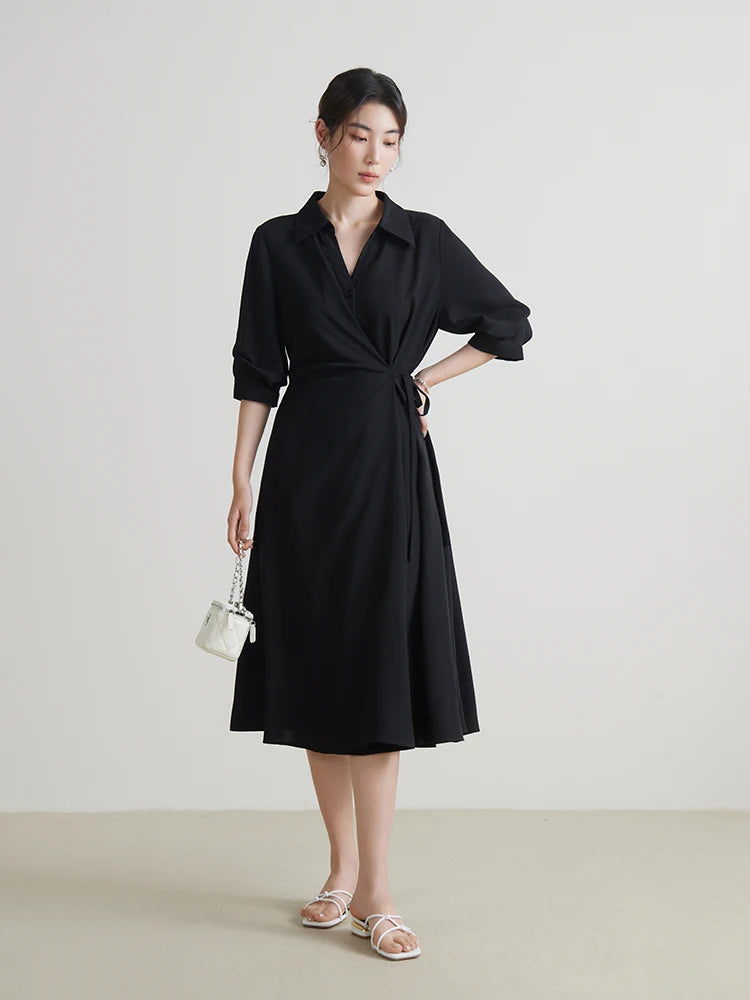 DUSHU-Vestido com design de envoltório feminino, gola virada para baixo, cortina temperamental, meia manga, preto, longa A-line, verão, 2 cores, 24DS82102