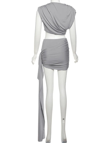 Estranho gato irregular ruched 2 peça conjunto feminino verão regatas + saias de fita lateral estiramento combinando casual simples roupas de rua
