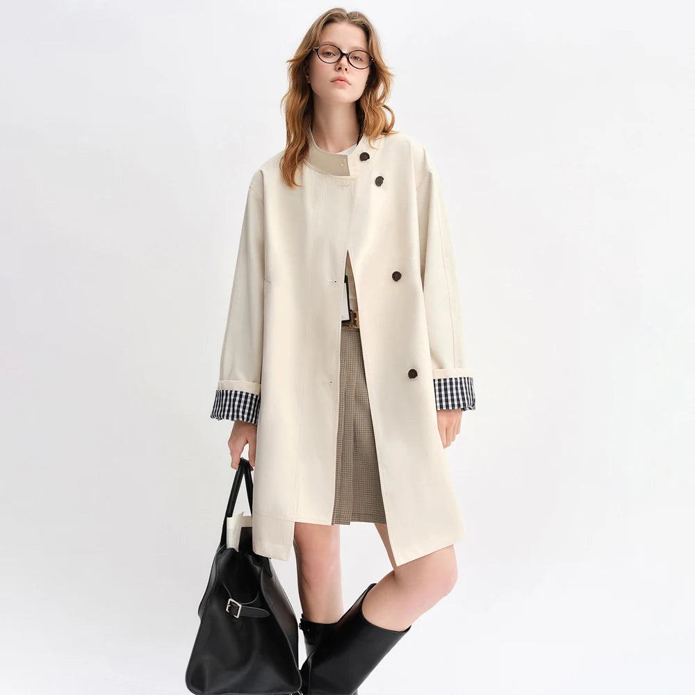 Dushu outono 2025 feminino gola trench coat-ajuste relaxado xadrez retalhos solto outerwear casual blusão topo