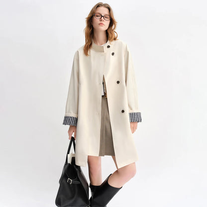Dushu outono 2025 feminino gola trench coat-ajuste relaxado xadrez retalhos solto outerwear casual blusão topo