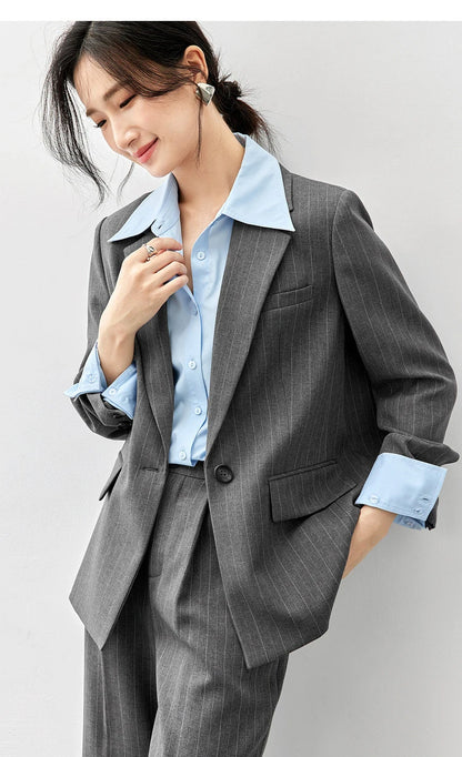 Sentubila feminino textura listrado calça ternos 2024 inverno entalhado pescoço único botão calças de perna reta 2 peça conjunto 143z56524