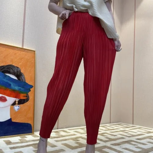 Miyake calças plissadas primavera 2025 novas mulheres cor sólida básico cintura elástica pequeno pé rabanete calças casuais e confortáveis