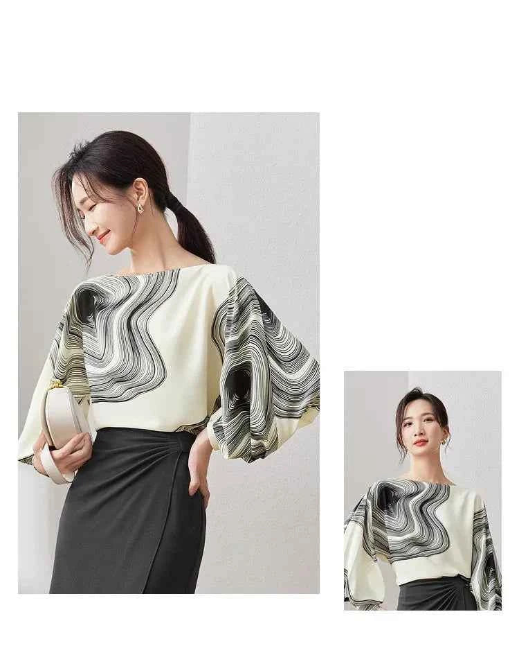 Blusa Chiffon Estampada Élise Marbre — Elegância Contemporânea com Leveza Absoluta