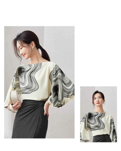 Blusa Chiffon Estampada Élise Marbre — Elegância Contemporânea com Leveza Absoluta