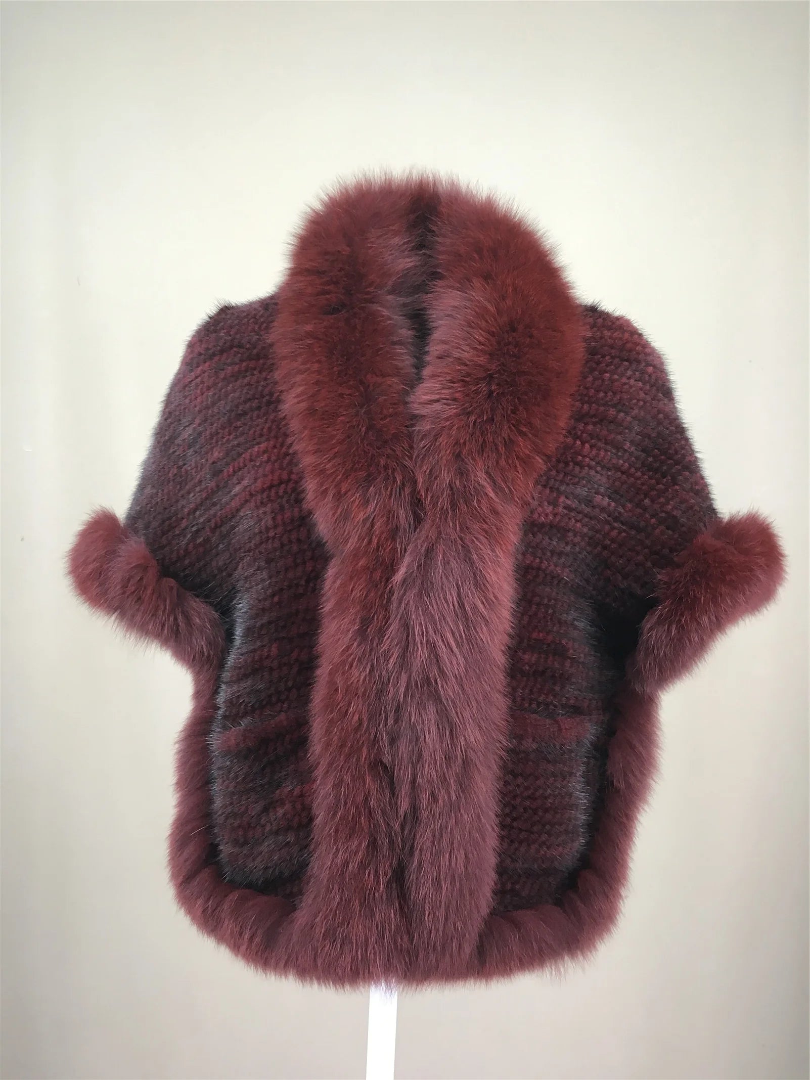 Xale de tricô de pele de vison real com gola de corte de pele de raposa, estola de capa frontal, xale branco coreano peludo luxuoso, inverno