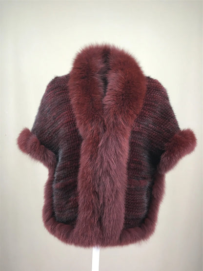 Xale de tricô de pele de vison real com gola de corte de pele de raposa, estola de capa frontal, xale branco coreano peludo luxuoso, inverno
