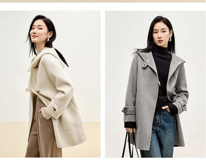 Sentubila dupla face 100% casaco de lã 2024 inverno comprimento médio reto touro chifre fivela feminino com capuz outwear w44o55979