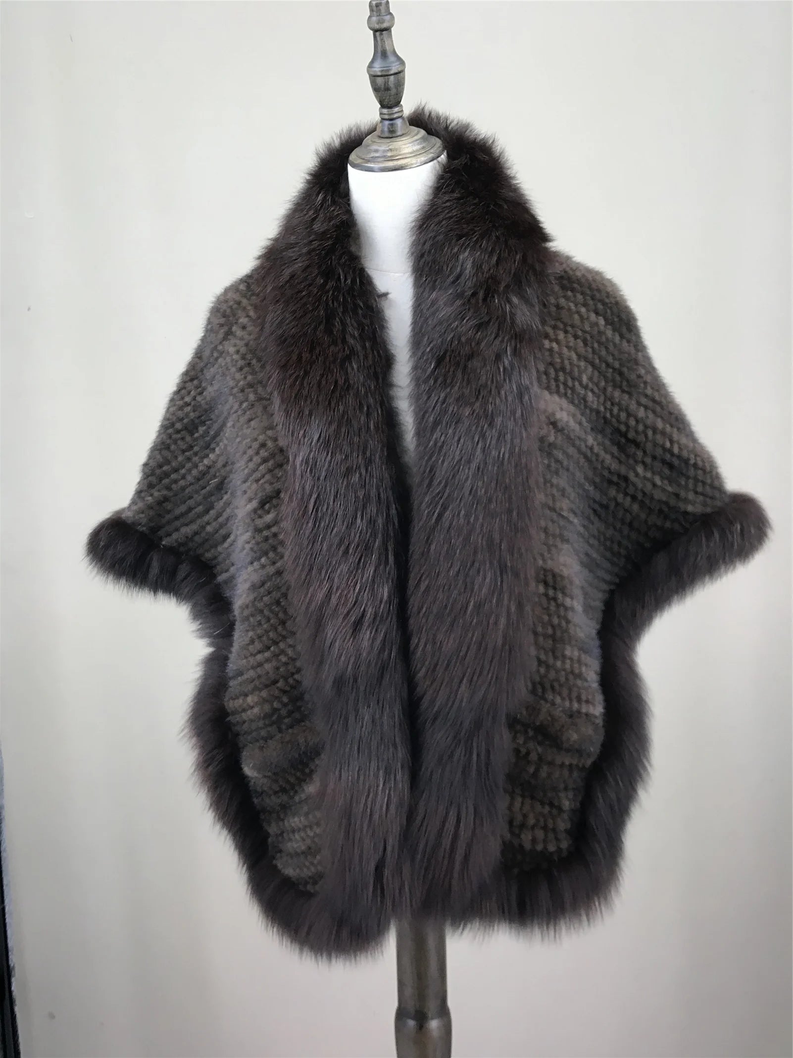 Xale de tricô de pele de vison real com gola de corte de pele de raposa, estola de capa frontal, xale branco coreano peludo luxuoso, inverno