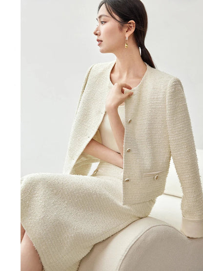 Sentubila conjunto de saia de tweed com textura feminina 2025 outono reto o pescoço jaquetas curtas fenda-hem saia longa conjuntos de 2 peças 143z56291